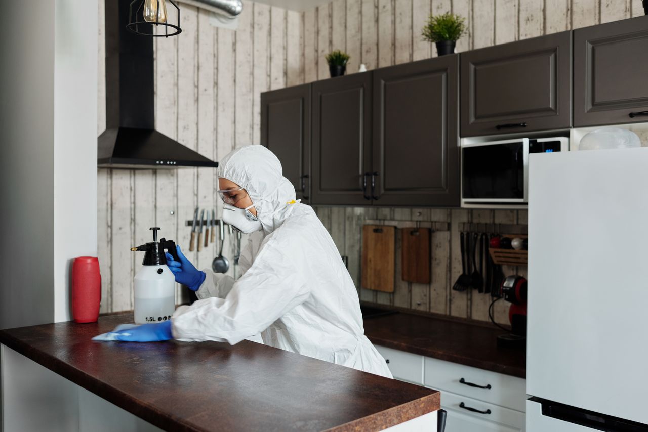 services-01 A worker in protective gear disinfects a kitchen, ensuring a clean and safe environment.